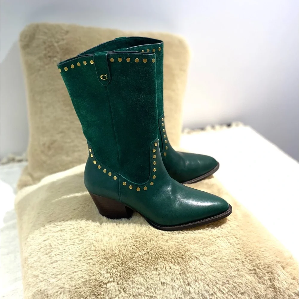 Coach Pheobe Green Leather & Suede Studded Women's Boots - Picture 3 of 10